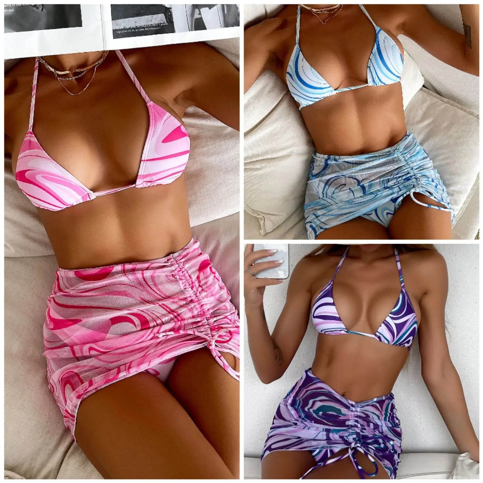2024 Women's Tie Dye String Thong Bikini Set with Skirt: Eye Catching Short Beach Wear Swimwear for Ladies