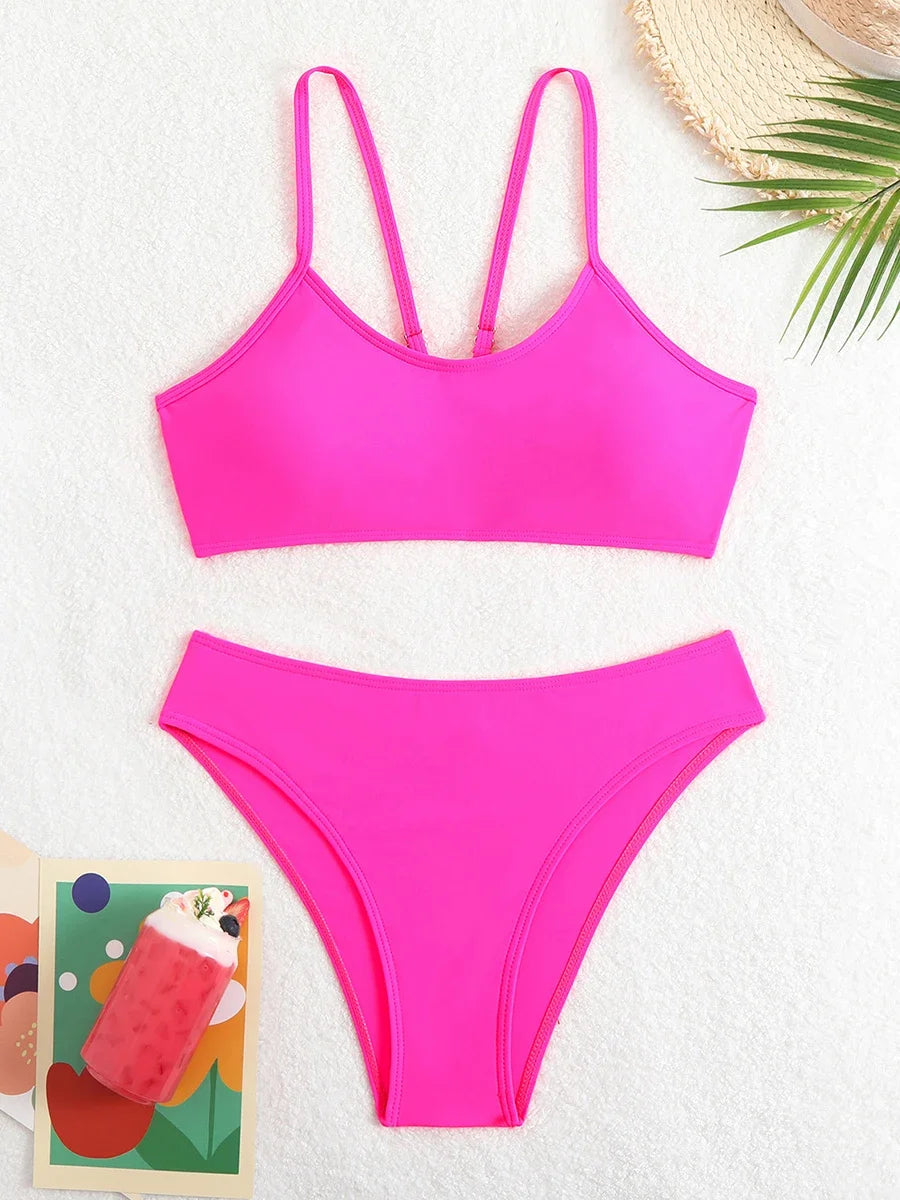 2025 Summer Swimwear Sexy Solid Color Two Piece Bikini Set Low Waist Wire-Free