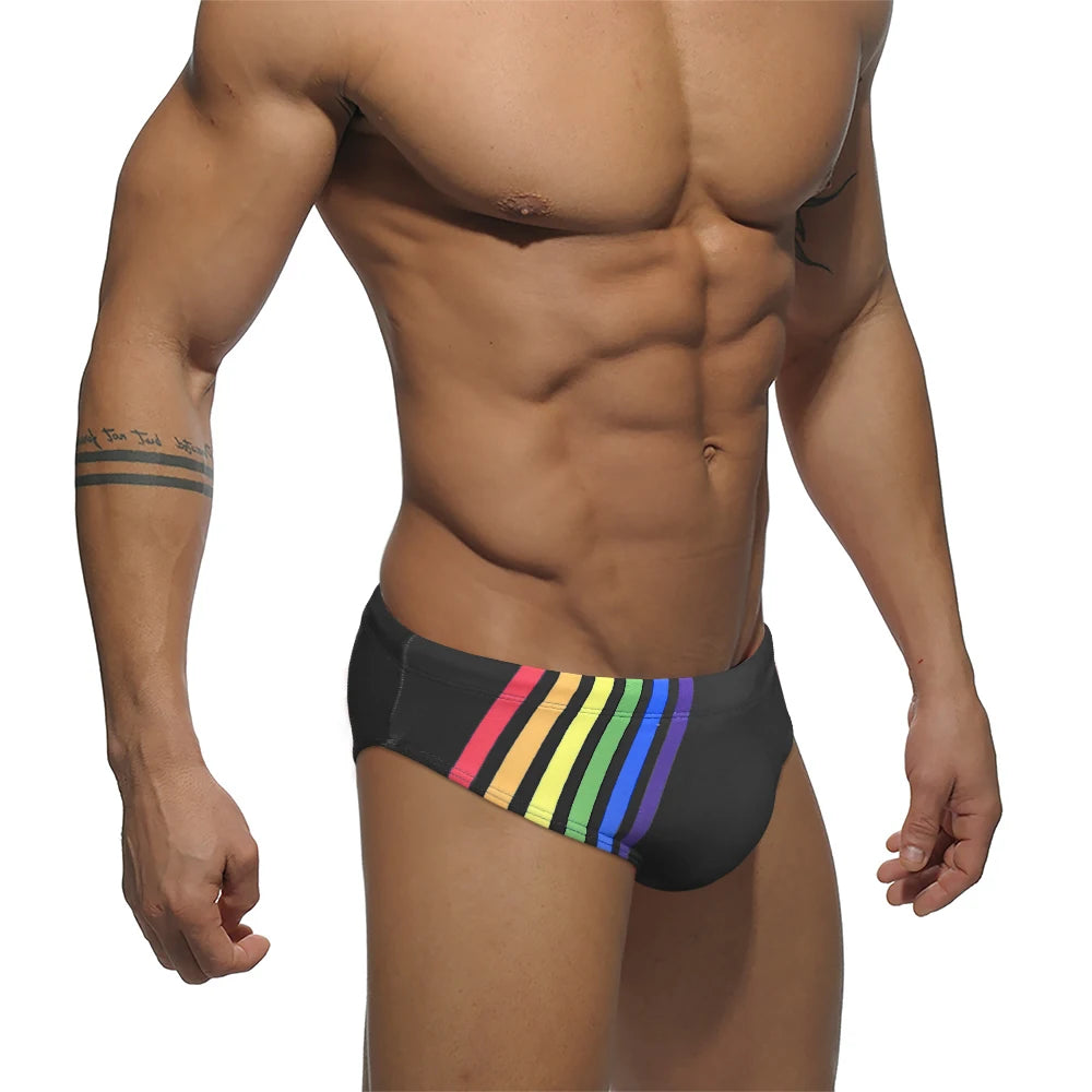 Men's Sexy Rainbow Striped Swimwear Quick Dry Low Waist Swimming Briefs Breathable Swimsuit