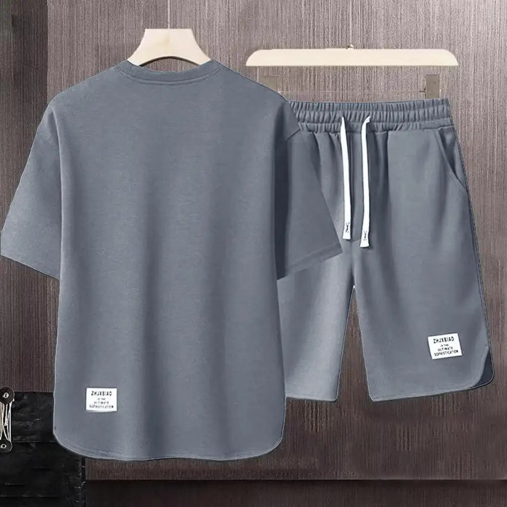 Casual Summer Outfit Set for Men Eye Catching Short Sleeve T-shirt with Elastic Drawstring Waist Wide Leg Shorts