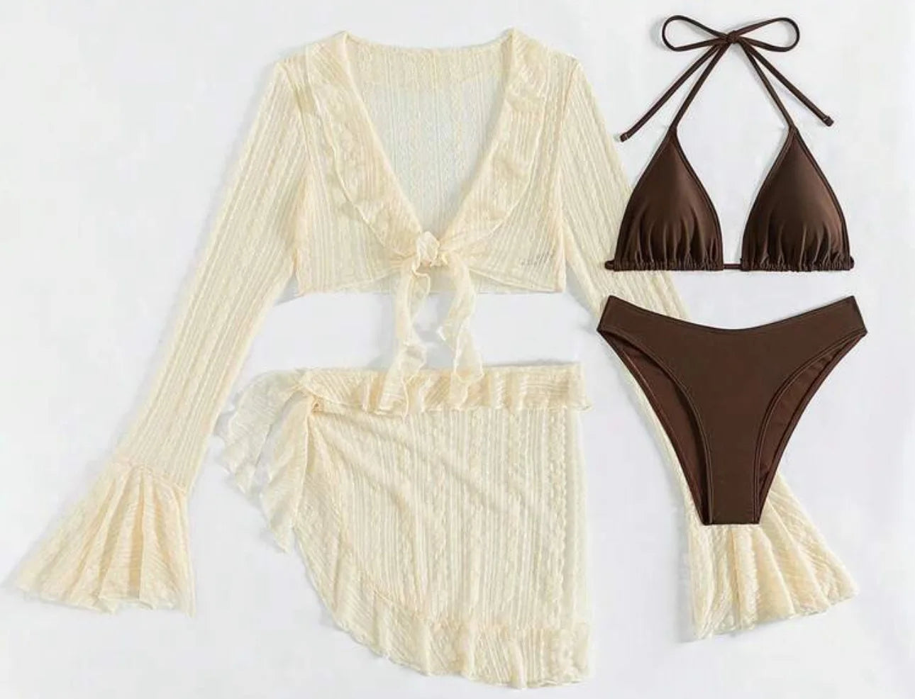 Sexy 4-Piece Women's Swimsuit Set Long-Sleeve Cover-Up Summer Beachwear Party Swimwear
