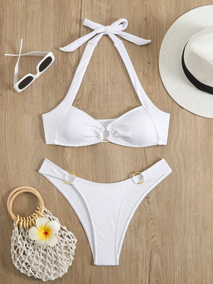 2025 Women's Sexy Halter Bikini Set Two-Piece Low Waist Tatting Craft Wire-Free Support