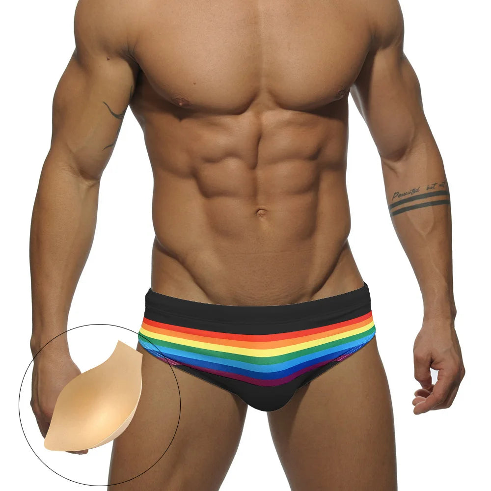 Men's Sexy Rainbow Striped Swimwear with Removable Pouch Pad
