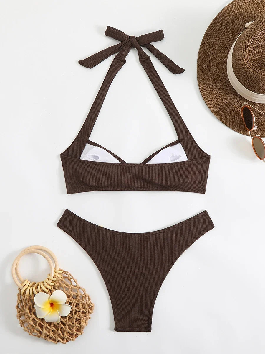 2025 Women's Sexy Halter Bikini Set Two-Piece Low Waist Tatting Craft Wire-Free Support