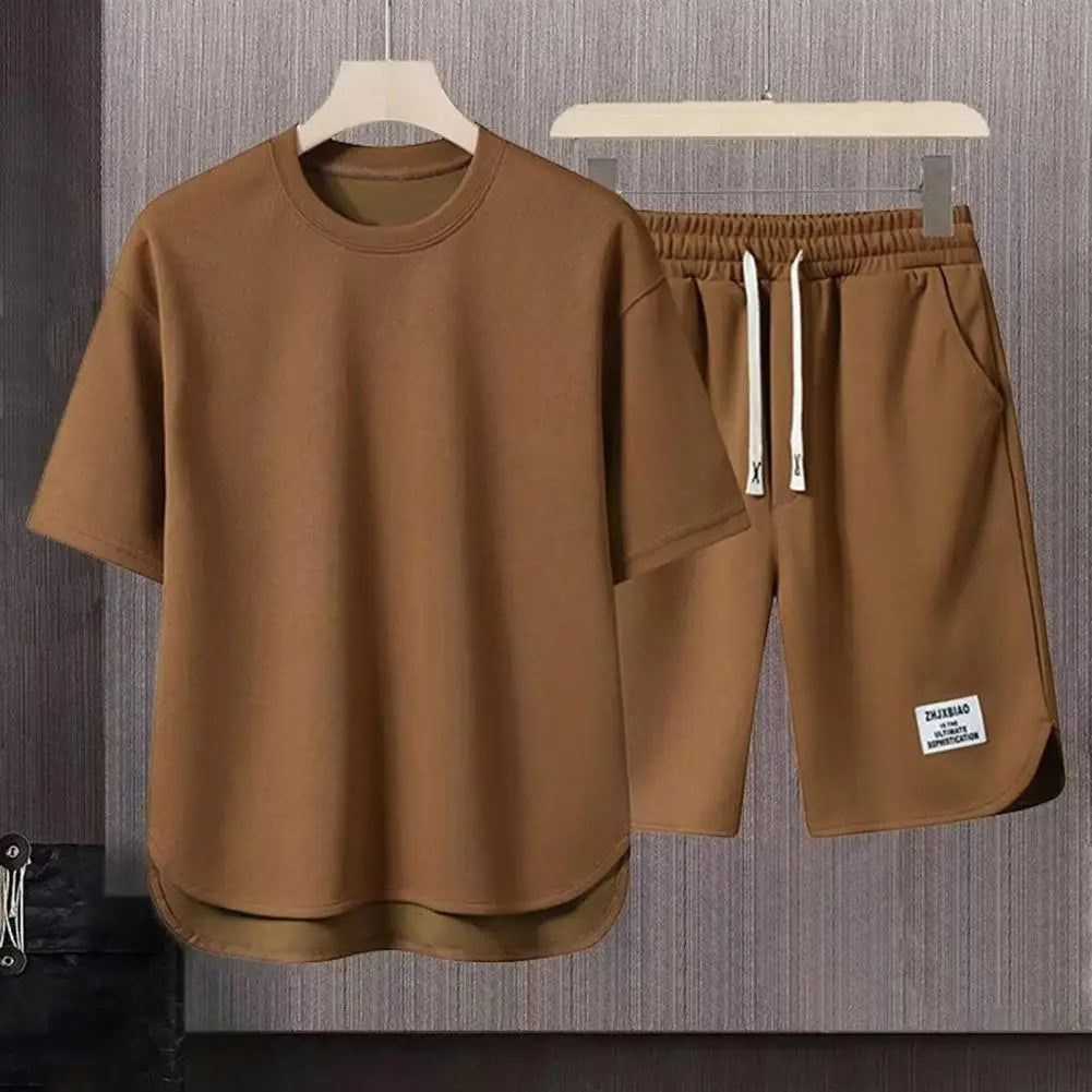 Casual Summer Outfit Set for Men Eye Catching Short Sleeve T-shirt with Elastic Drawstring Waist Wide Leg Shorts