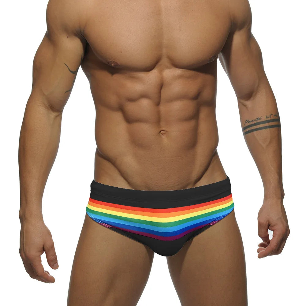 Men's Sexy Rainbow Striped Swimwear with Removable Pouch Pad