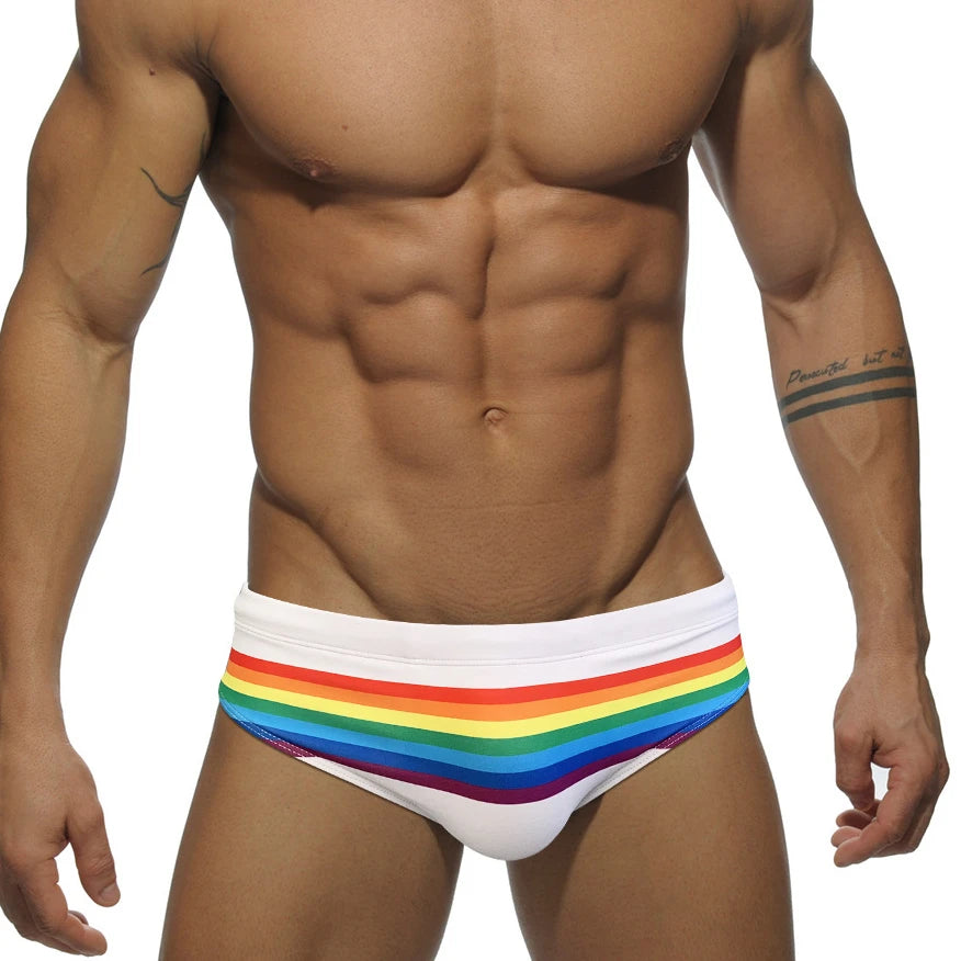 Men's Sexy Rainbow Striped Swimwear with Removable Pouch Pad