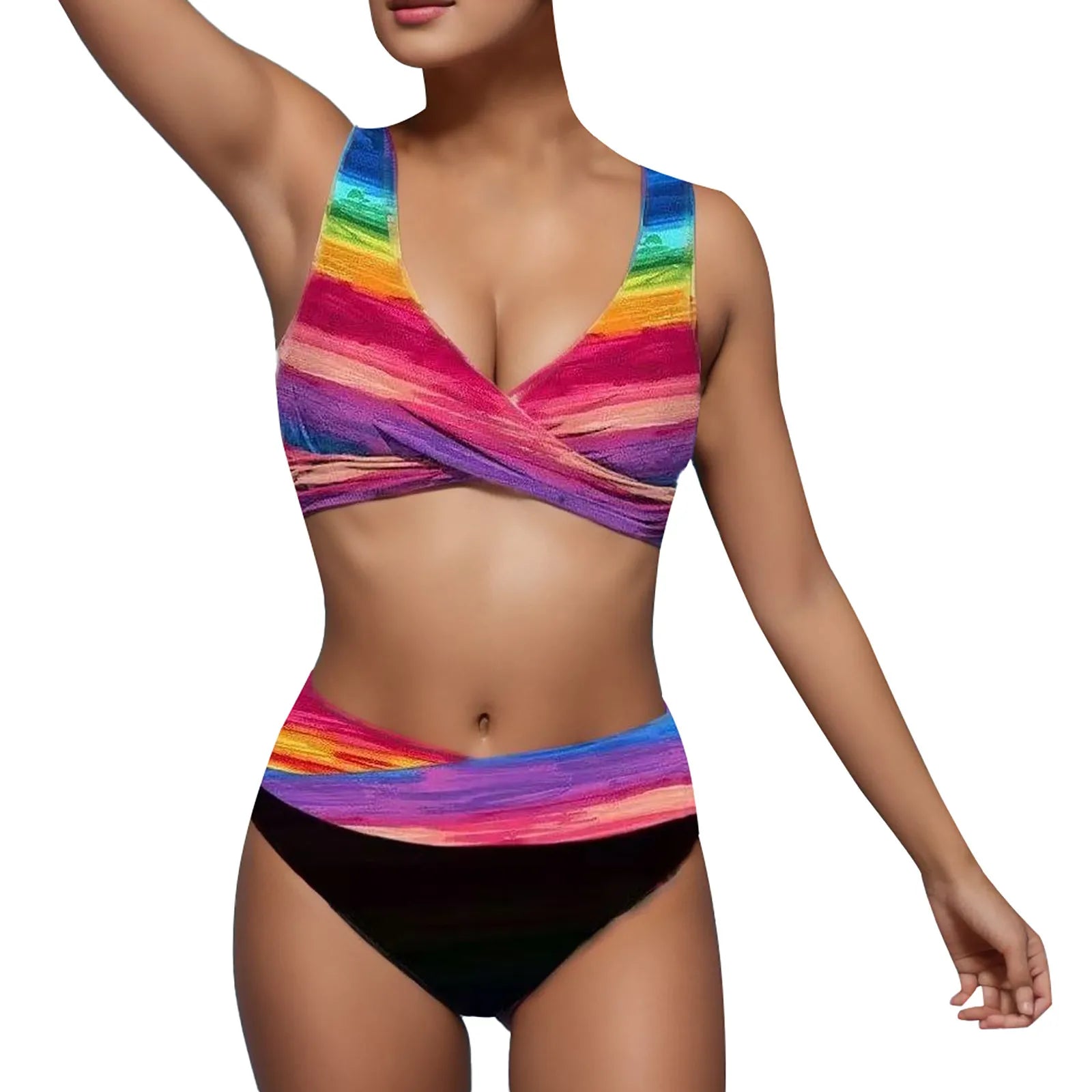 High Waist Sleeveless Bikini: Sexy Rainbow Print Two-Piece Swimwear