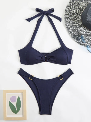 2025 Women's Sexy Halter Bikini Set Two-Piece Low Waist Tatting Craft Wire-Free Support