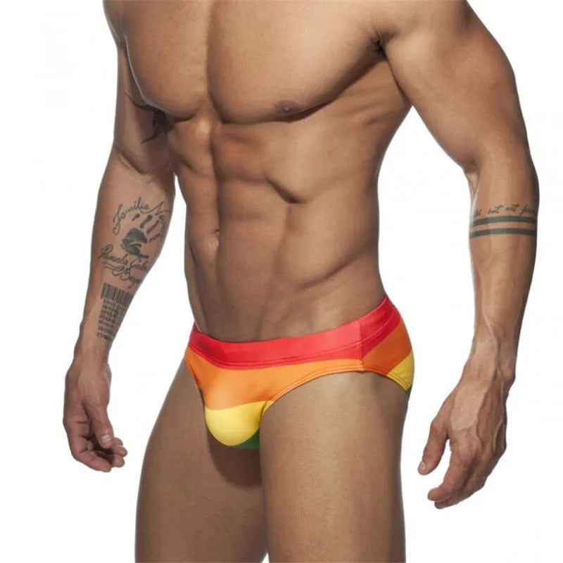 Low Waist Rainbow Printed Swimwear for Men Sexy Eye Catching Push Up Cup Beach Briefs