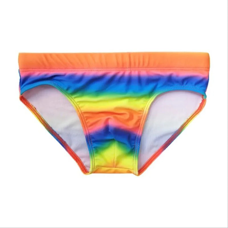 Low Waist Rainbow Printed Swimwear for Men Sexy Eye Catching Push Up Cup Beach Briefs