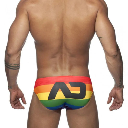 Low Waist Rainbow Printed Swimwear for Men Sexy Eye Catching Push Up Cup Beach Briefs