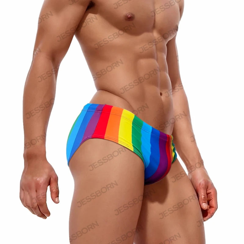 Fashionable Rainbow Stripes Men's Swimming Trunks for Eye-Catching Style