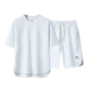 Casual Summer Outfit Set for Men Eye Catching Short Sleeve T-shirt with Elastic Drawstring Waist Wide Leg Shorts