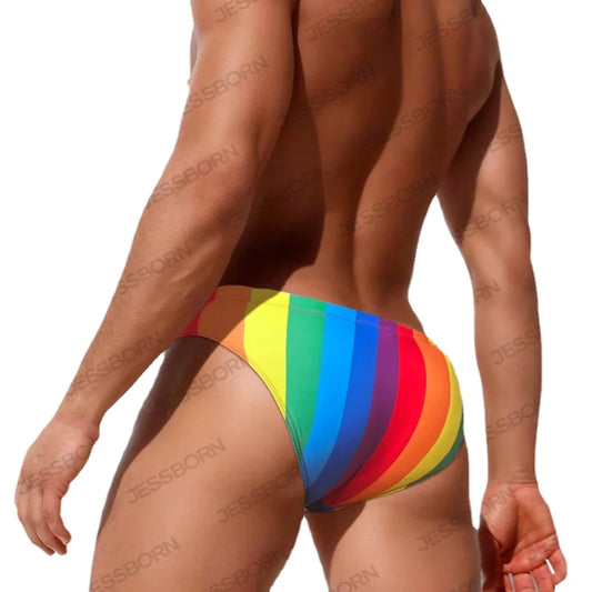 Fashionable Rainbow Stripes Men's Swimming Trunks for Eye-Catching Style