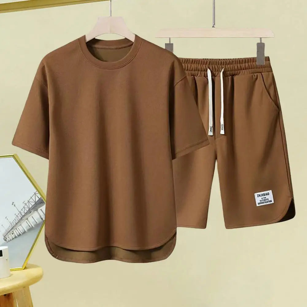 Casual Summer Outfit Set for Men Eye Catching Short Sleeve T-shirt with Elastic Drawstring Waist Wide Leg Shorts