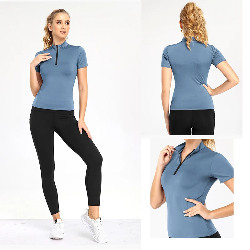 Quick Dry Half Zipper Fitness Top: Short Sleeve