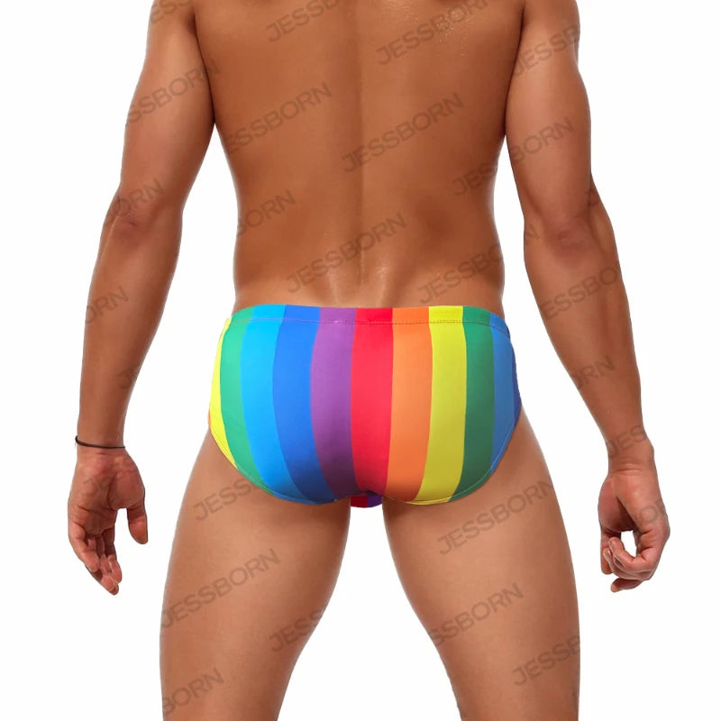 Fashionable Rainbow Stripes Men's Swimming Trunks for Eye-Catching Style