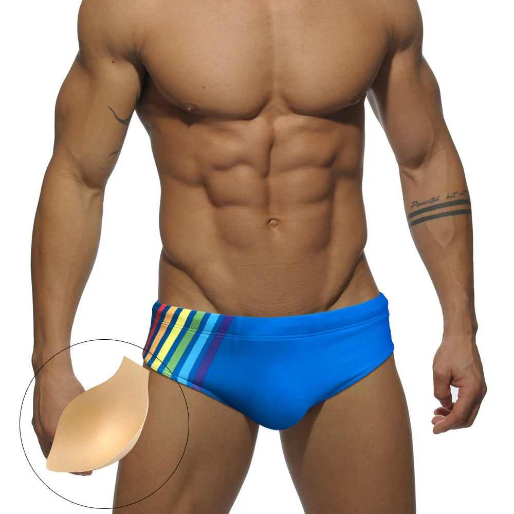 Men's Sexy Rainbow Striped Swimwear Quick Dry Low Waist Swimming Briefs Breathable Swimsuit