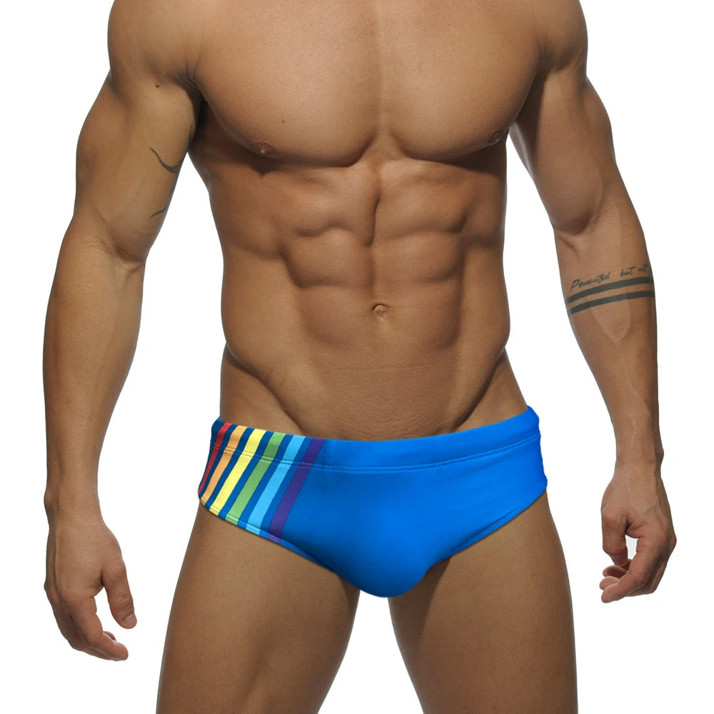 Men's Sexy Rainbow Striped Swimwear Quick Dry Low Waist Swimming Briefs Breathable Swimsuit