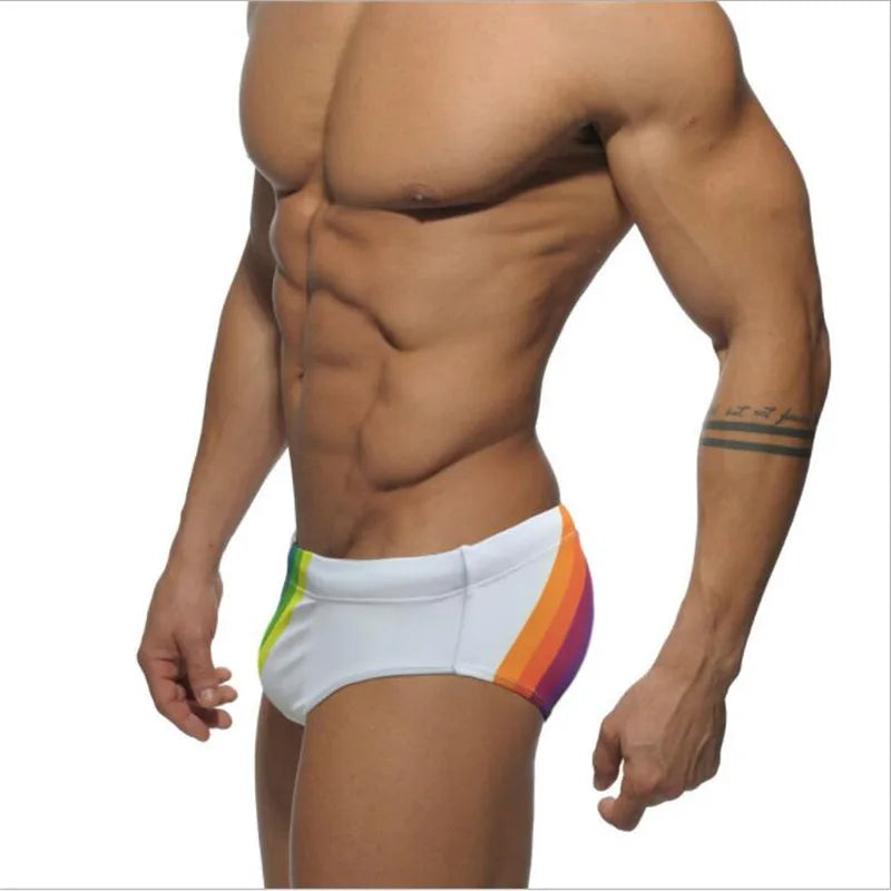 Low Waist Rainbow Printed Swimwear for Men Sexy Eye Catching Push Up Cup Beach Briefs