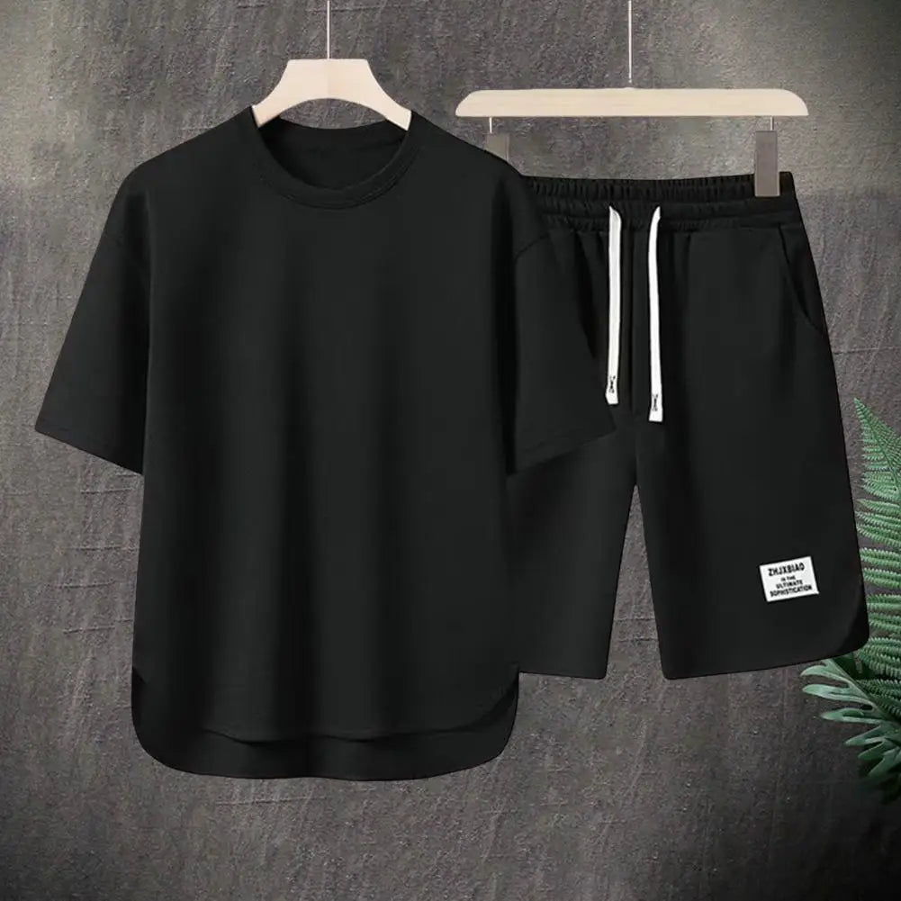 Casual Summer Outfit Set for Men Eye Catching Short Sleeve T-shirt with Elastic Drawstring Waist Wide Leg Shorts