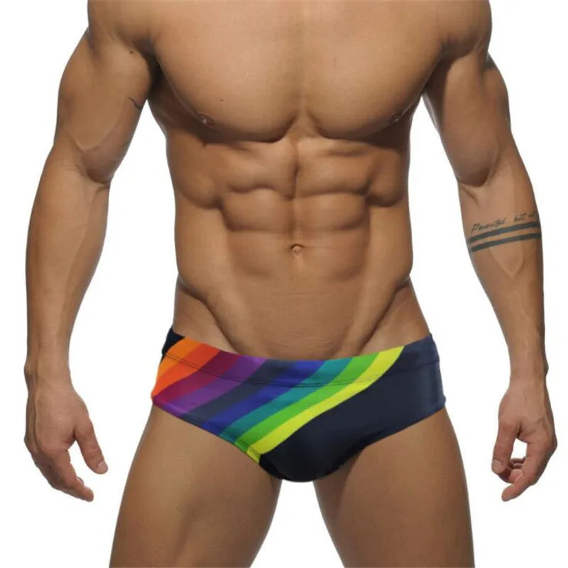 Low Waist Rainbow Printed Swimwear for Men Sexy Eye Catching Push Up Cup Beach Briefs