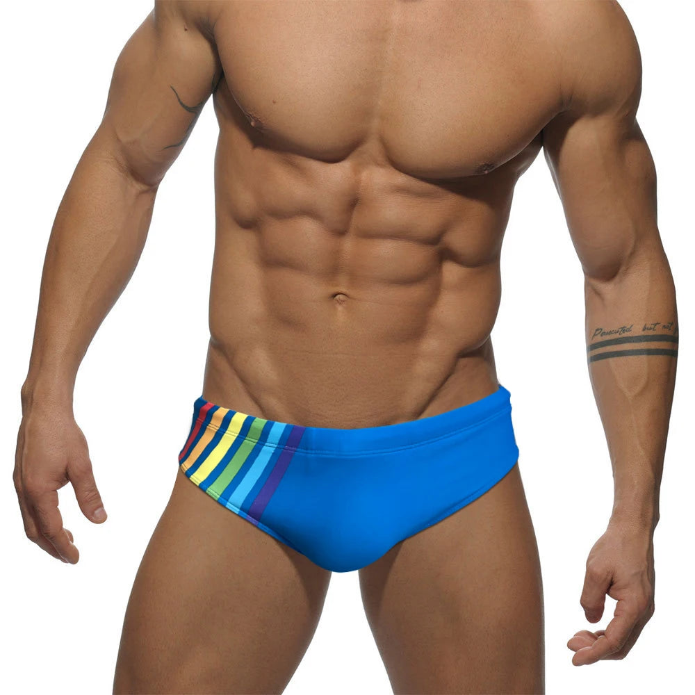 Men's Sexy Rainbow Striped Swimwear Quick Dry Low Waist Swimming Briefs Breathable Swimsuit