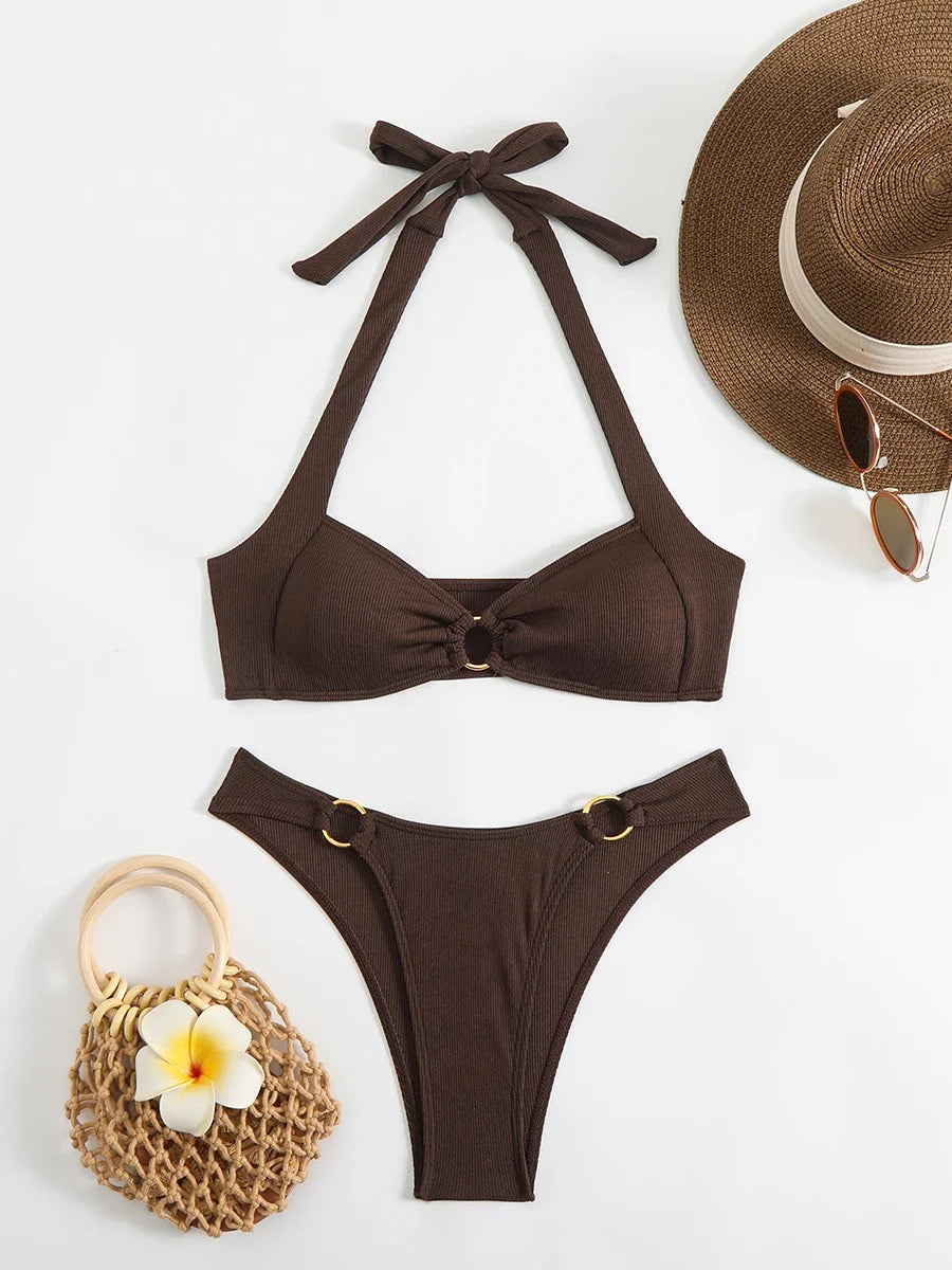 2025 Women's Sexy Halter Bikini Set Two-Piece Low Waist Tatting Craft Wire-Free Support