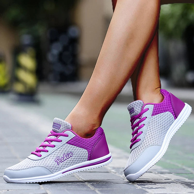 Breathable Sneakers for Women 2024 New Fashion Solid Color Soft Mesh Fabric Lace Up Shoes