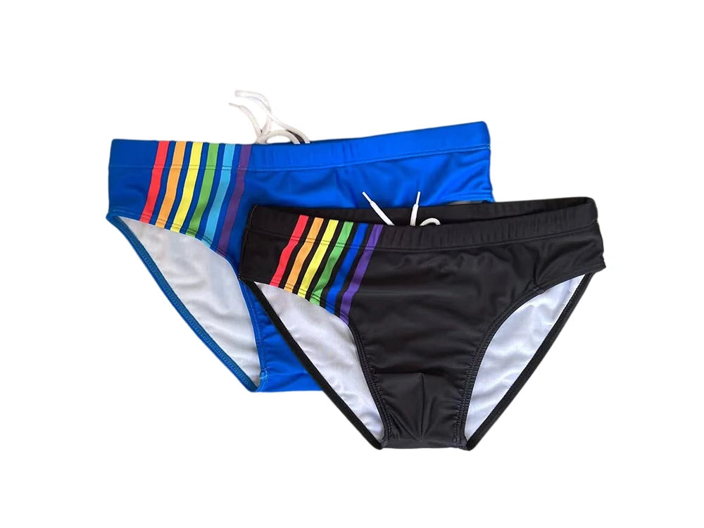 Men's Sexy Rainbow Striped Swimwear Quick Dry Low Waist Swimming Briefs Breathable Swimsuit