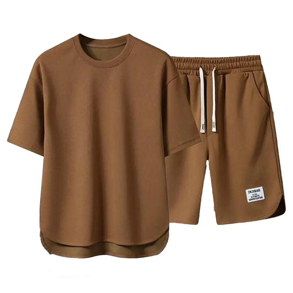 Casual Summer Outfit Set for Men Eye Catching Short Sleeve T-shirt with Elastic Drawstring Waist Wide Leg Shorts