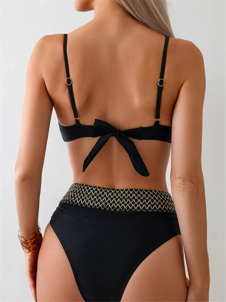 High Waist Bikini 2024 Women's Eye Catching Ring Link Swimwear Back Lace Up Summer Beach Wear for Ladies