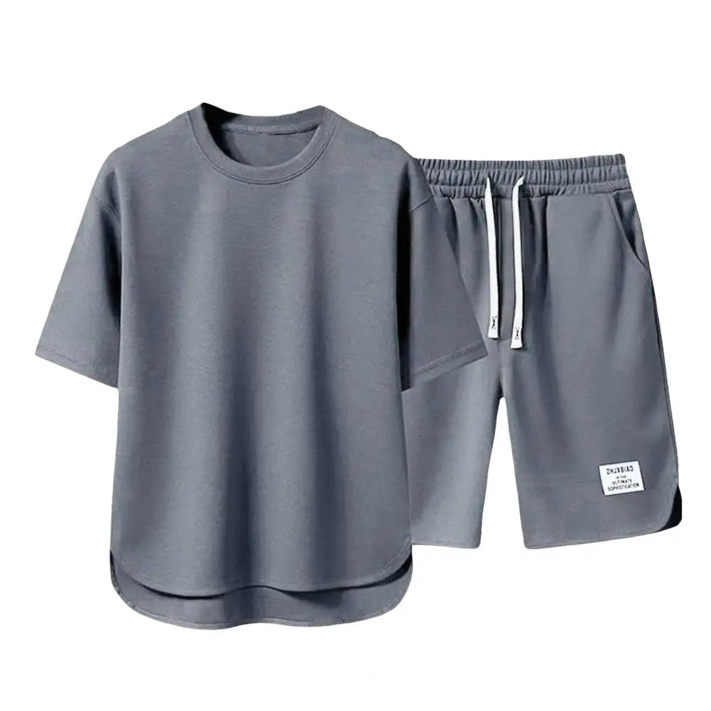 Casual Summer Outfit Set for Men Eye Catching Short Sleeve T-shirt with Elastic Drawstring Waist Wide Leg Shorts