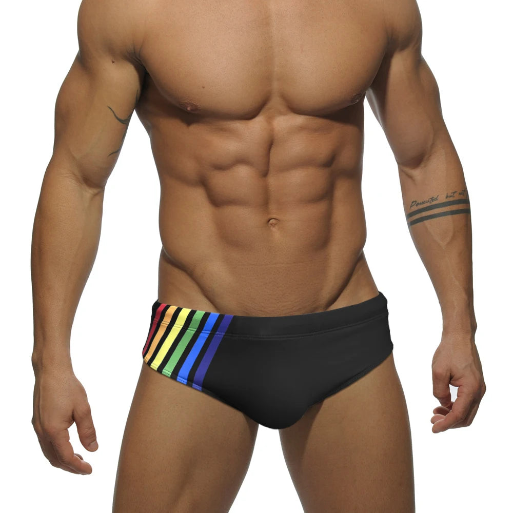 Men's Sexy Rainbow Striped Swimwear Quick Dry Low Waist Swimming Briefs Breathable Swimsuit