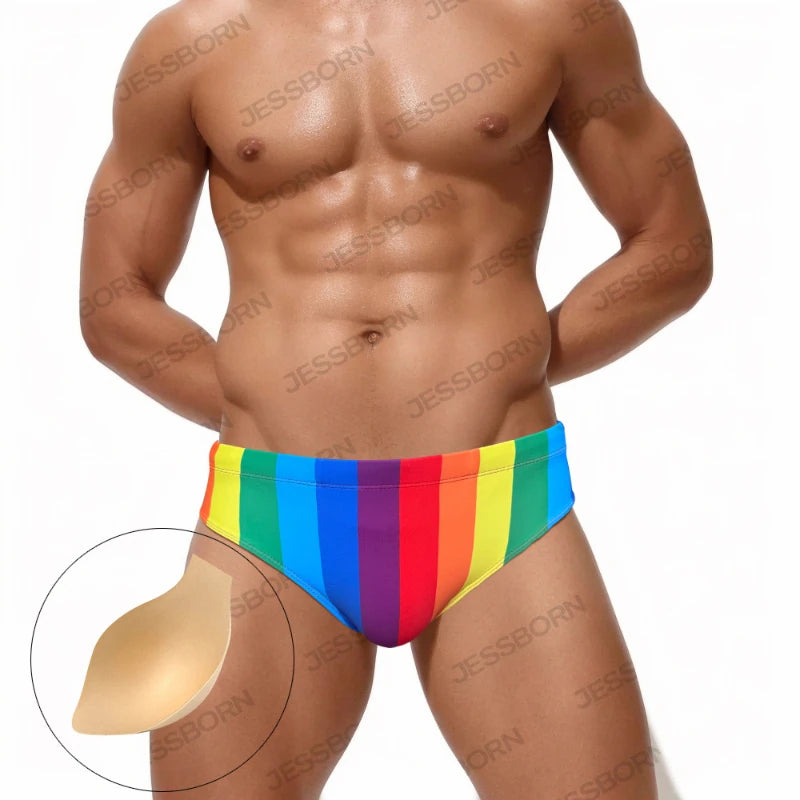 Fashionable Rainbow Stripes Men's Swimming Trunks for Eye-Catching Style