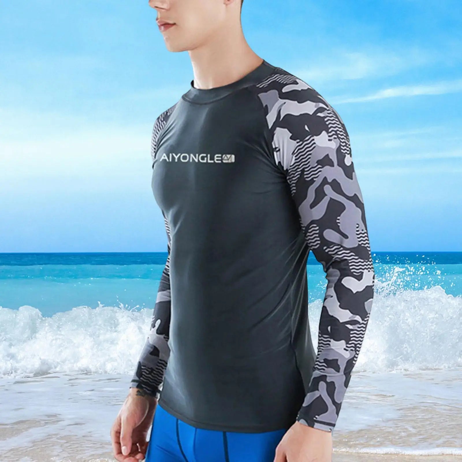 Men's Quick Dry Swim Shirt Long Sleeve Neoprene Rash Guard for Water Sports Sun Protection Beachwear