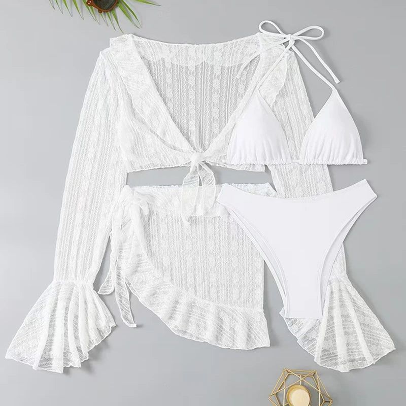 Sexy 4-Piece Women's Swimsuit Set Long-Sleeve Cover-Up Summer Beachwear Party Swimwear