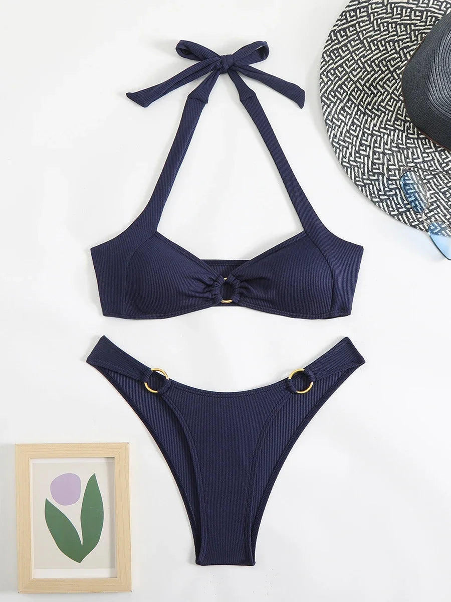 2025 Women's Sexy Halter Bikini Set Two-Piece Low Waist Tatting Craft Wire-Free Support